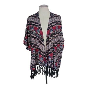 Lottie & Holly Fringe Kimono Jacket Size M | Red & Black Boho Open Front Wrap